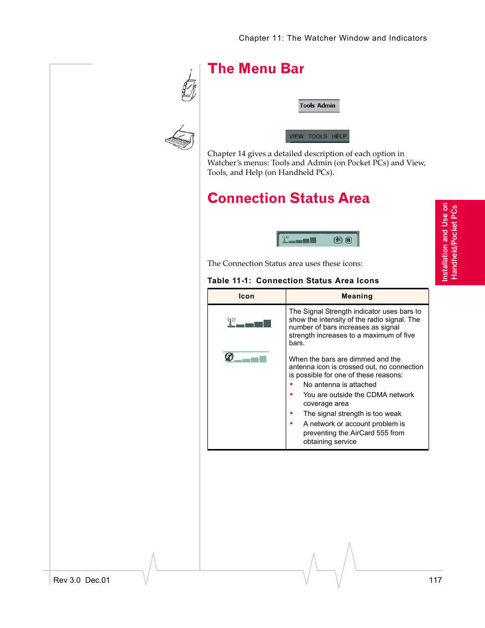 The menu bar, Connection status area | Sierra Wireless AirCard 555 User Manual | Page 119 / 192