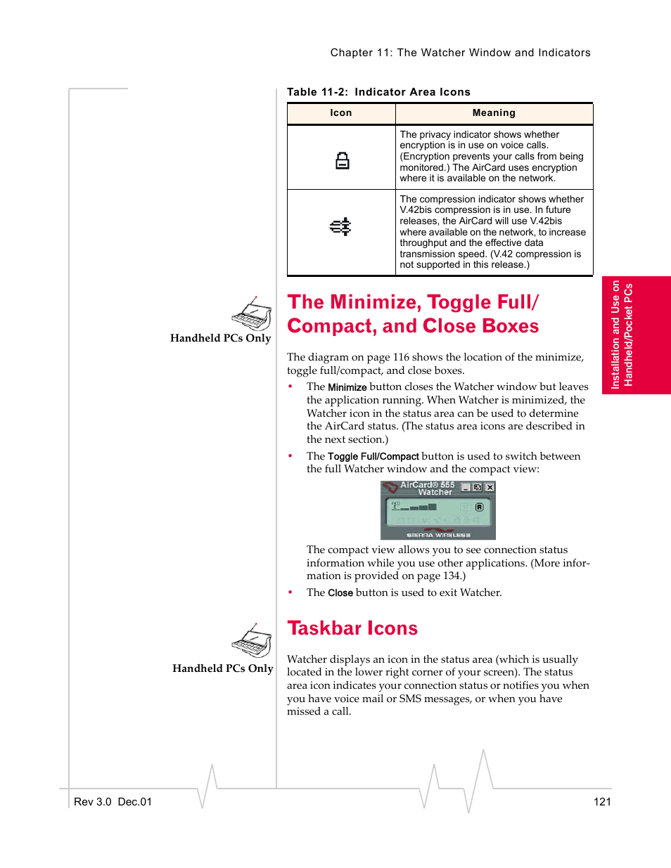 Taskbar icons, The minimize, toggle full/compact, and close boxes | Sierra Wireless AirCard 555 User Manual | Page 123 / 192