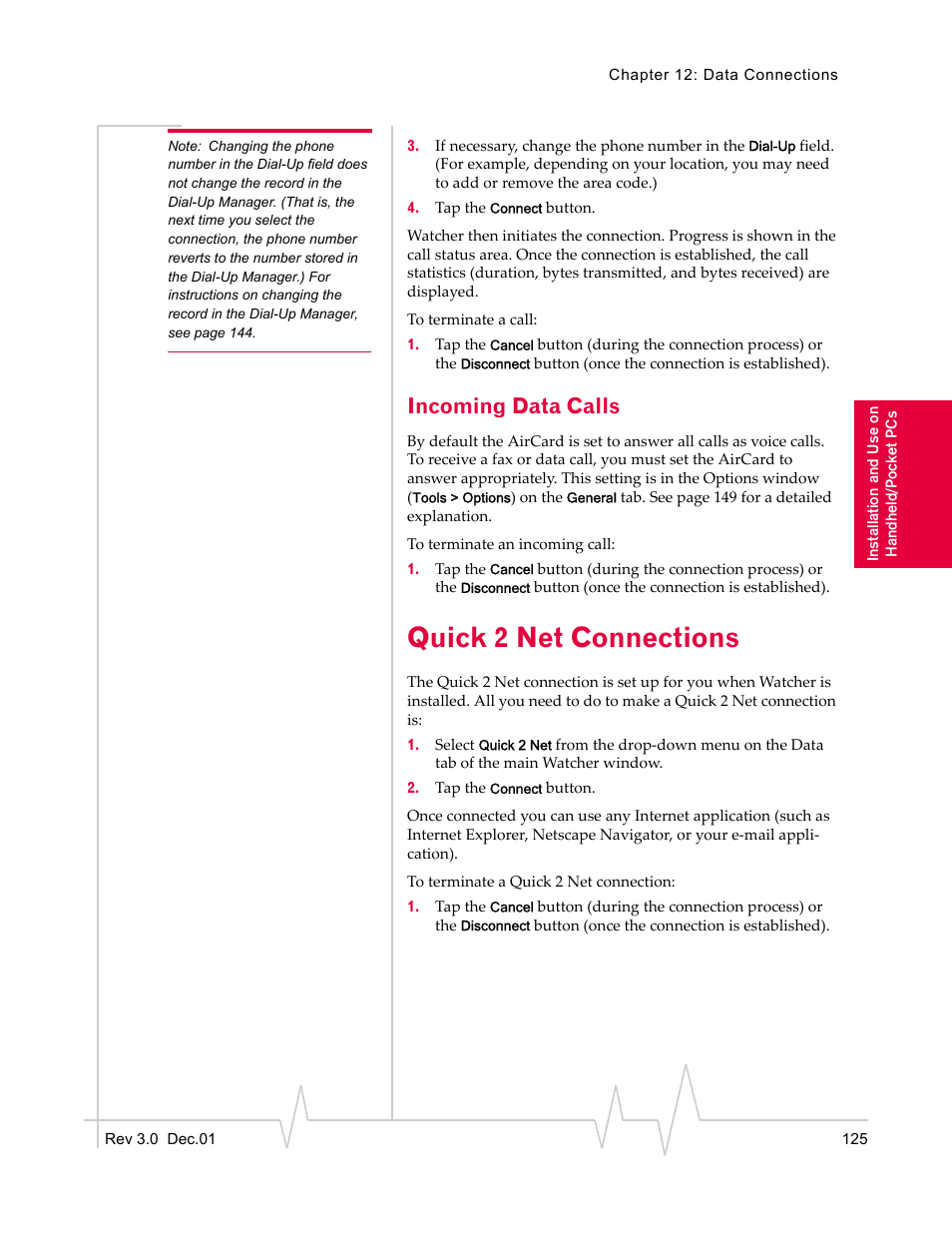 Incoming data calls, Quick 2 net connections | Sierra Wireless AirCard 555 User Manual | Page 127 / 192