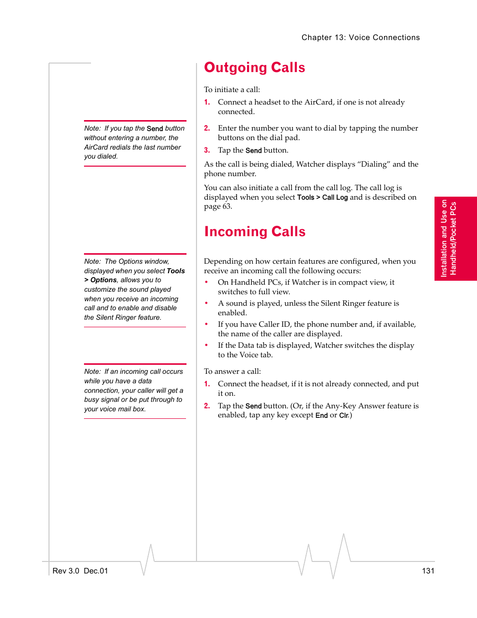 Outgoing calls, Incoming calls | Sierra Wireless AirCard 555 User Manual | Page 133 / 192