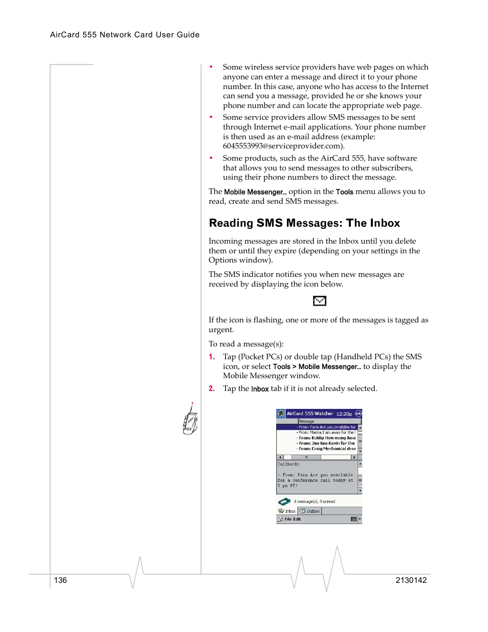 Reading sms messages: the inbox | Sierra Wireless AirCard 555 User Manual | Page 138 / 192