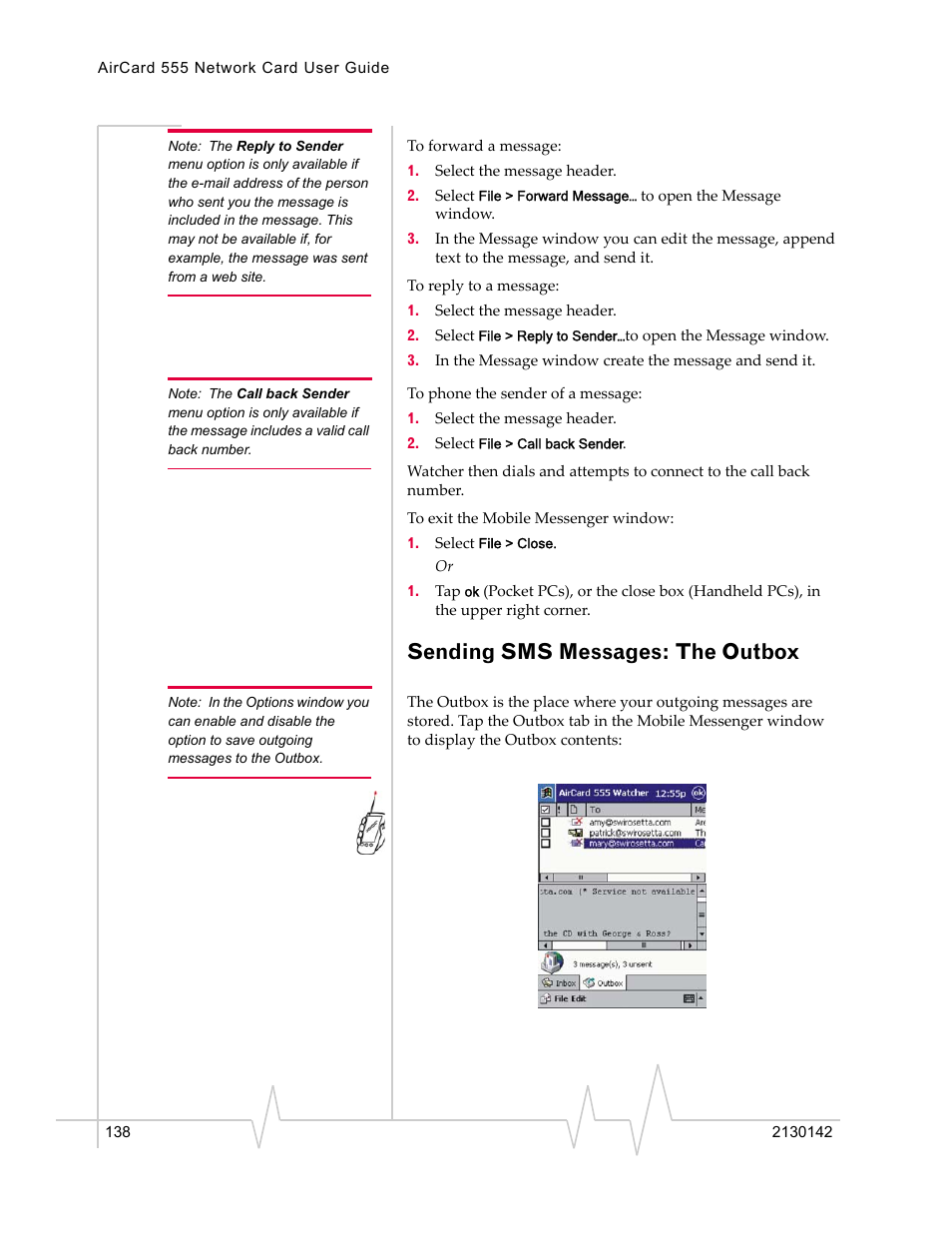 Sending sms messages: the outbox | Sierra Wireless AirCard 555 User Manual | Page 140 / 192