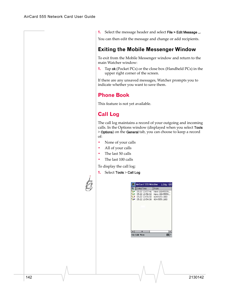 Exiting the mobile messenger window, Phone book, Call log | Sierra Wireless AirCard 555 User Manual | Page 144 / 192