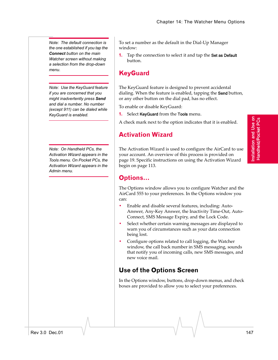 Keyguard, Activation wizard, Options | Use of the options screen | Sierra Wireless AirCard 555 User Manual | Page 149 / 192