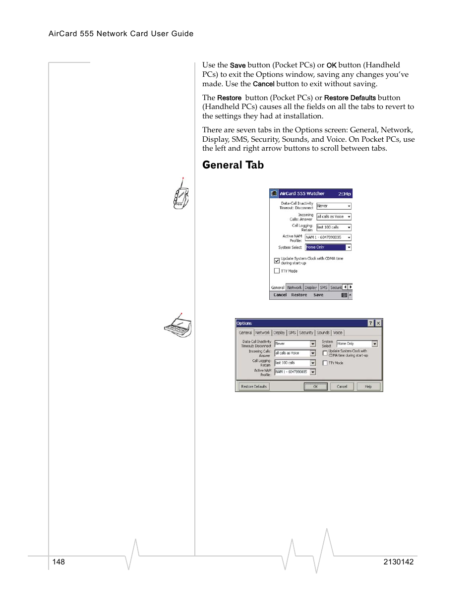 General tab | Sierra Wireless AirCard 555 User Manual | Page 150 / 192