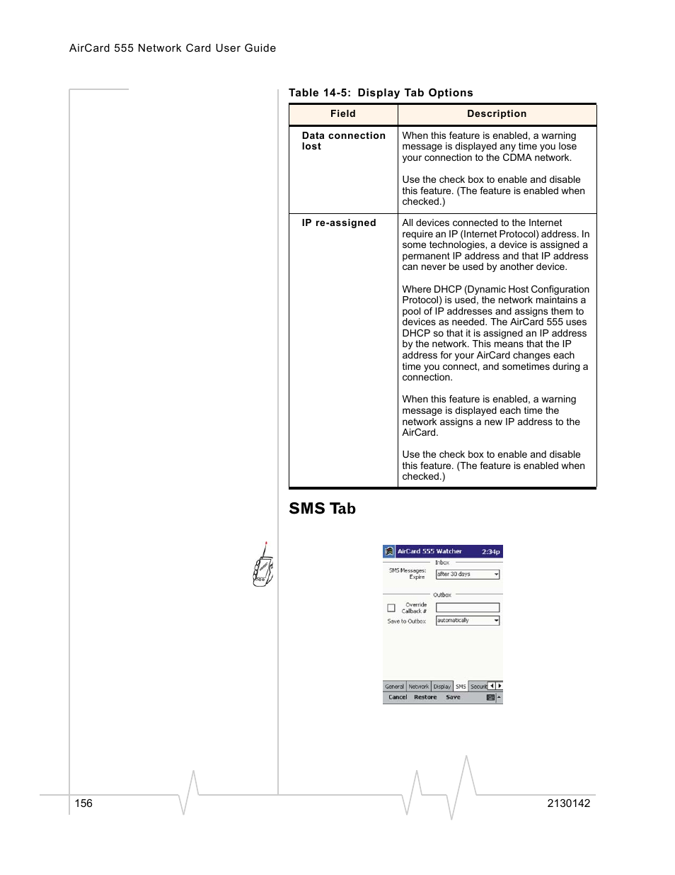 Sms tab | Sierra Wireless AirCard 555 User Manual | Page 158 / 192
