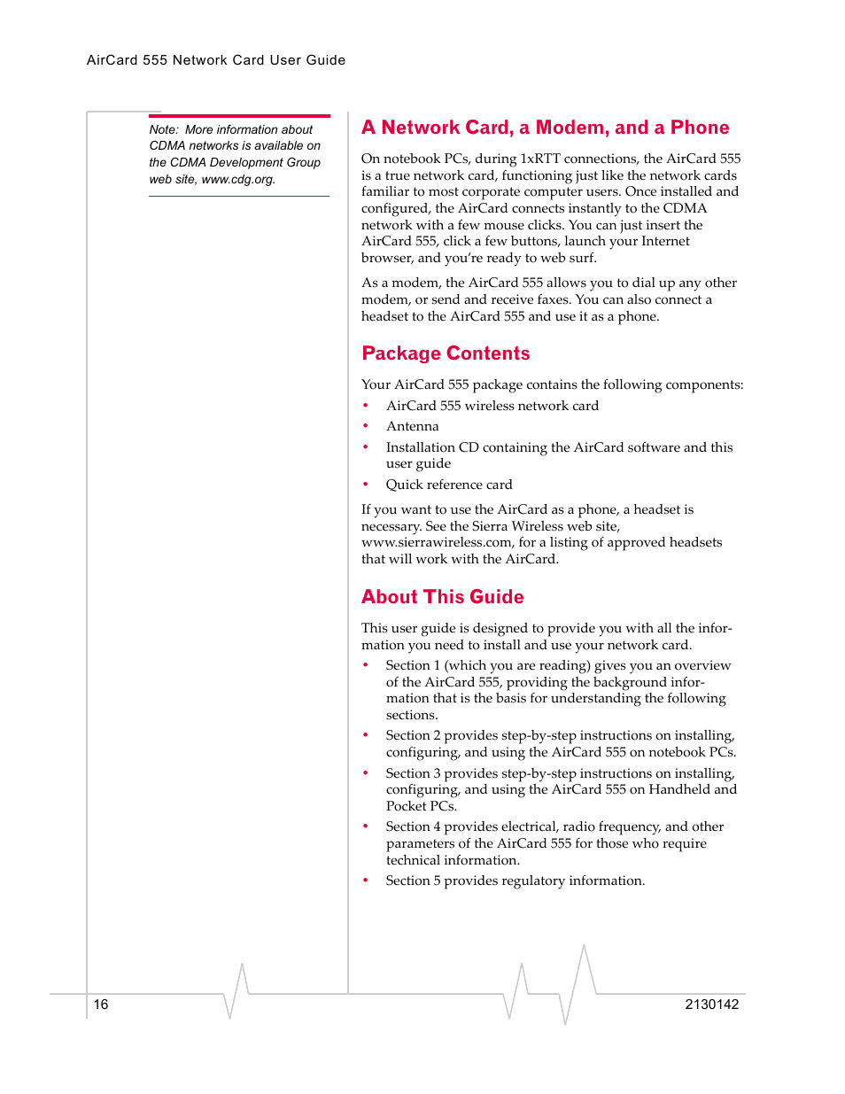 A network card, a modem, and a phone, Package contents, About this guide | Sierra Wireless AirCard 555 User Manual | Page 16 / 192