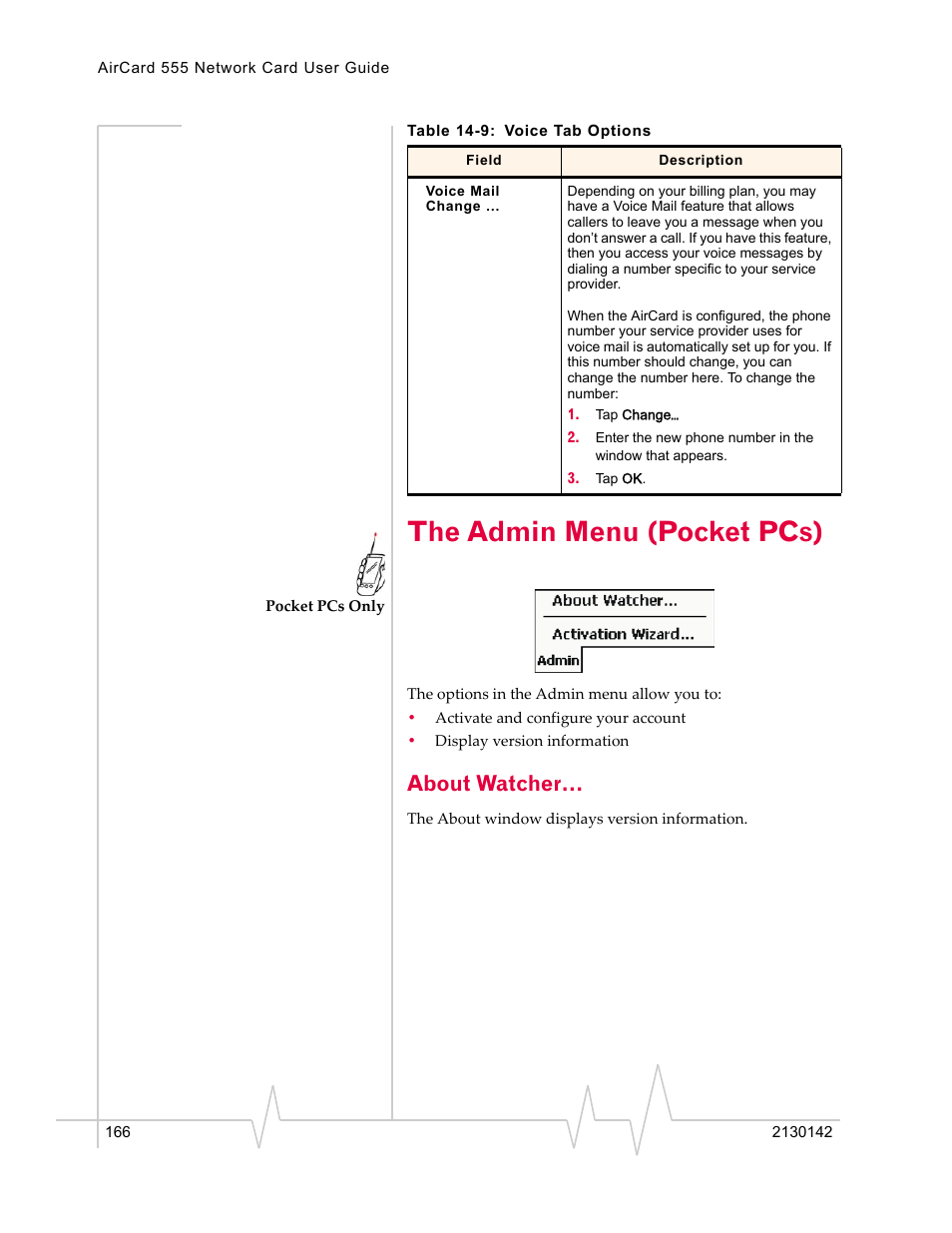 The admin menu (pocket pcs), About watcher | Sierra Wireless AirCard 555 User Manual | Page 168 / 192