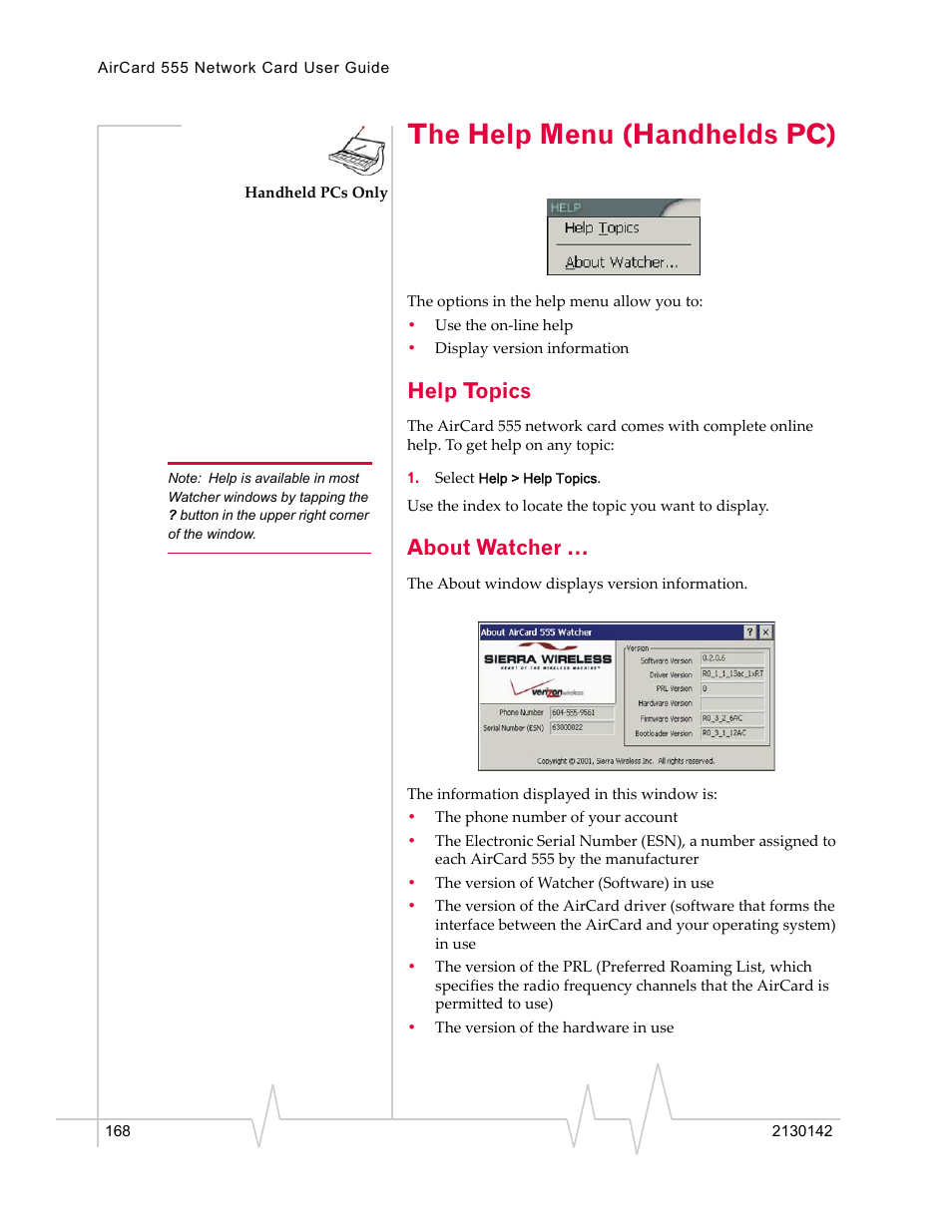 The help menu (handhelds pc), Help topics, About watcher | Sierra Wireless AirCard 555 User Manual | Page 170 / 192