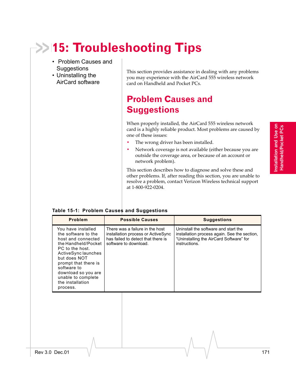 Troubleshooting tips, Problem causes and suggestions | Sierra Wireless AirCard 555 User Manual | Page 173 / 192