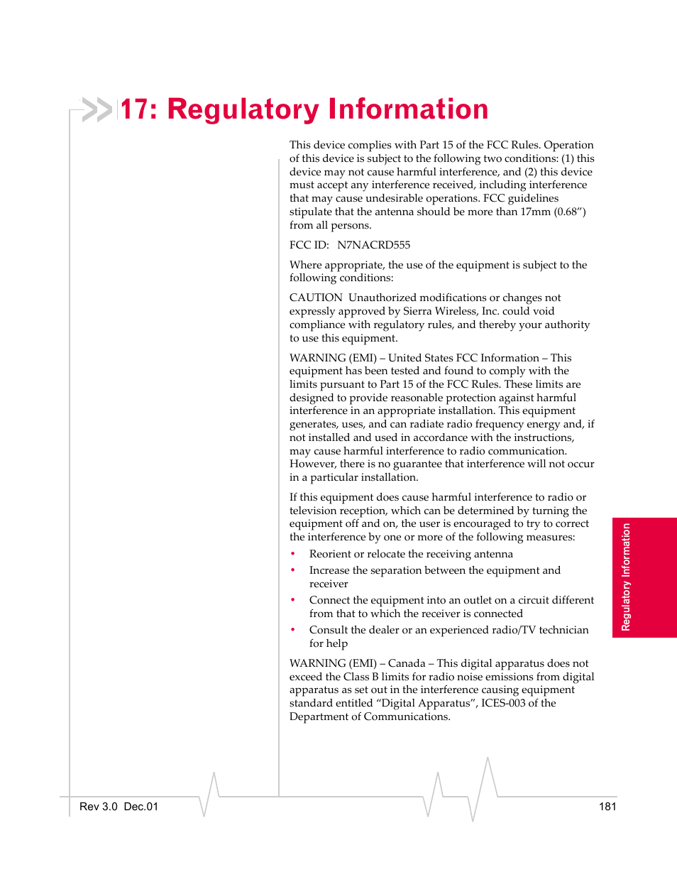 Regulatory information | Sierra Wireless AirCard 555 User Manual | Page 183 / 192
