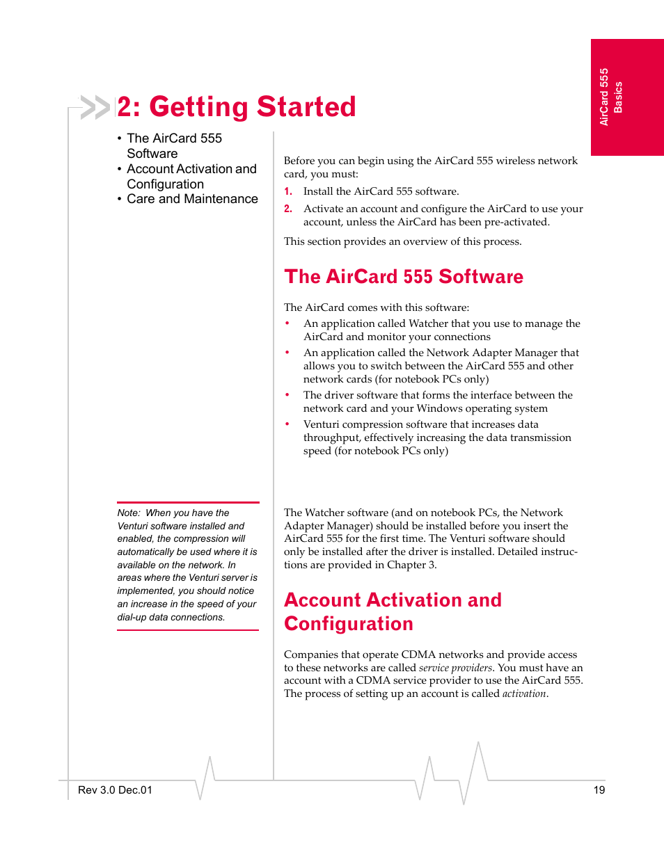 Getting started, The aircard 555 software, Account activation and configuration | Sierra Wireless AirCard 555 User Manual | Page 19 / 192