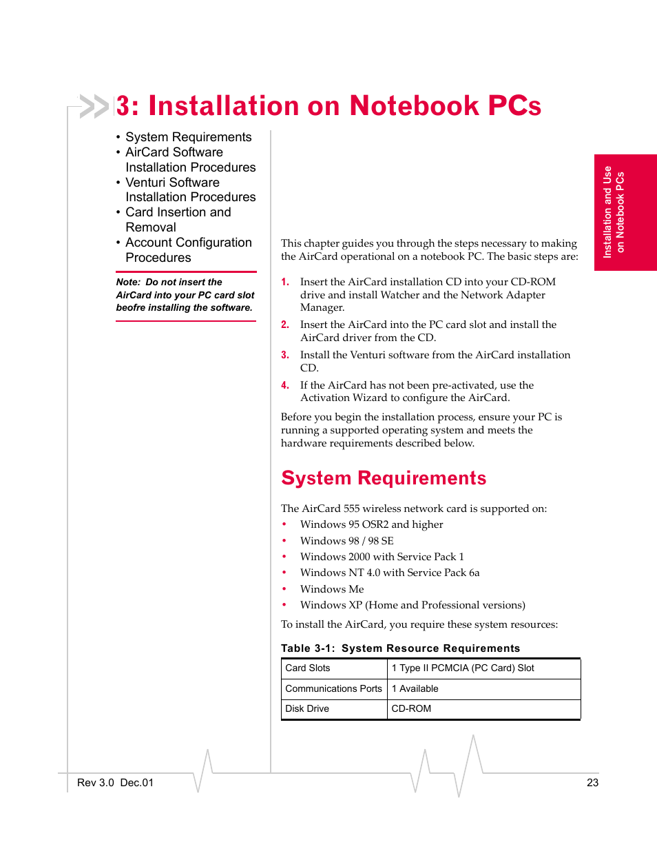 Installation on notebook pcs, System requirements | Sierra Wireless AirCard 555 User Manual | Page 23 / 192