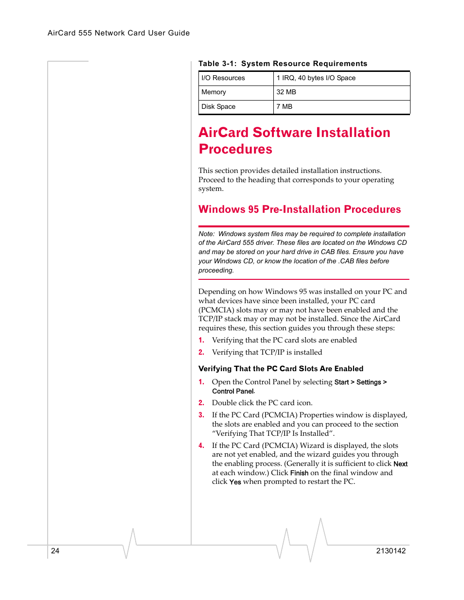 Aircard software installation procedures, Windows 95 pre-installation procedures, Verifying that the pc card slots are enabled | Sierra Wireless AirCard 555 User Manual | Page 24 / 192
