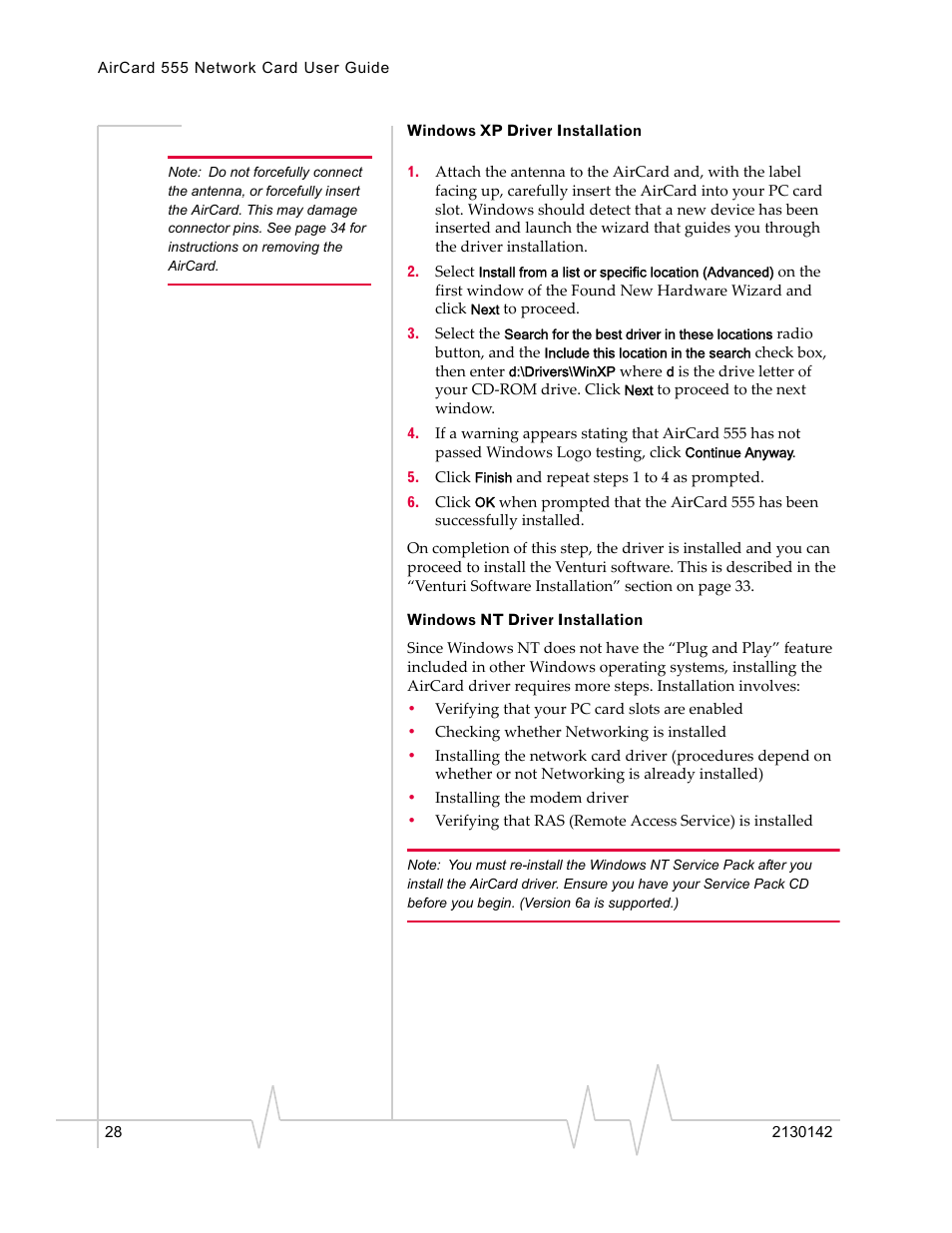 Windows xp driver installation, Windows nt driver installation | Sierra Wireless AirCard 555 User Manual | Page 28 / 192