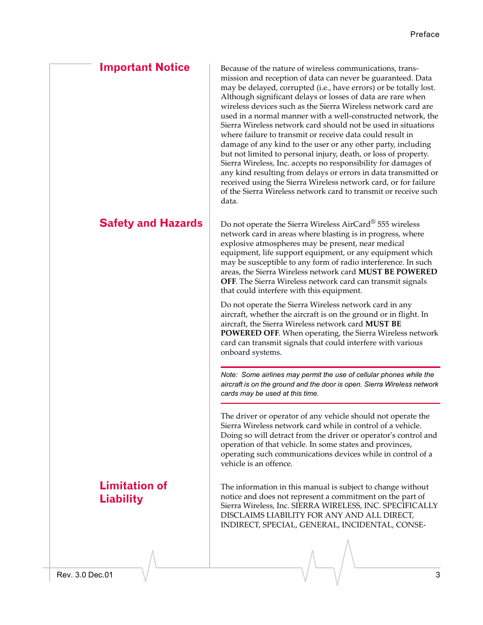 Important notice, Safety and hazards, Limitation of liability | Sierra Wireless AirCard 555 User Manual | Page 3 / 192