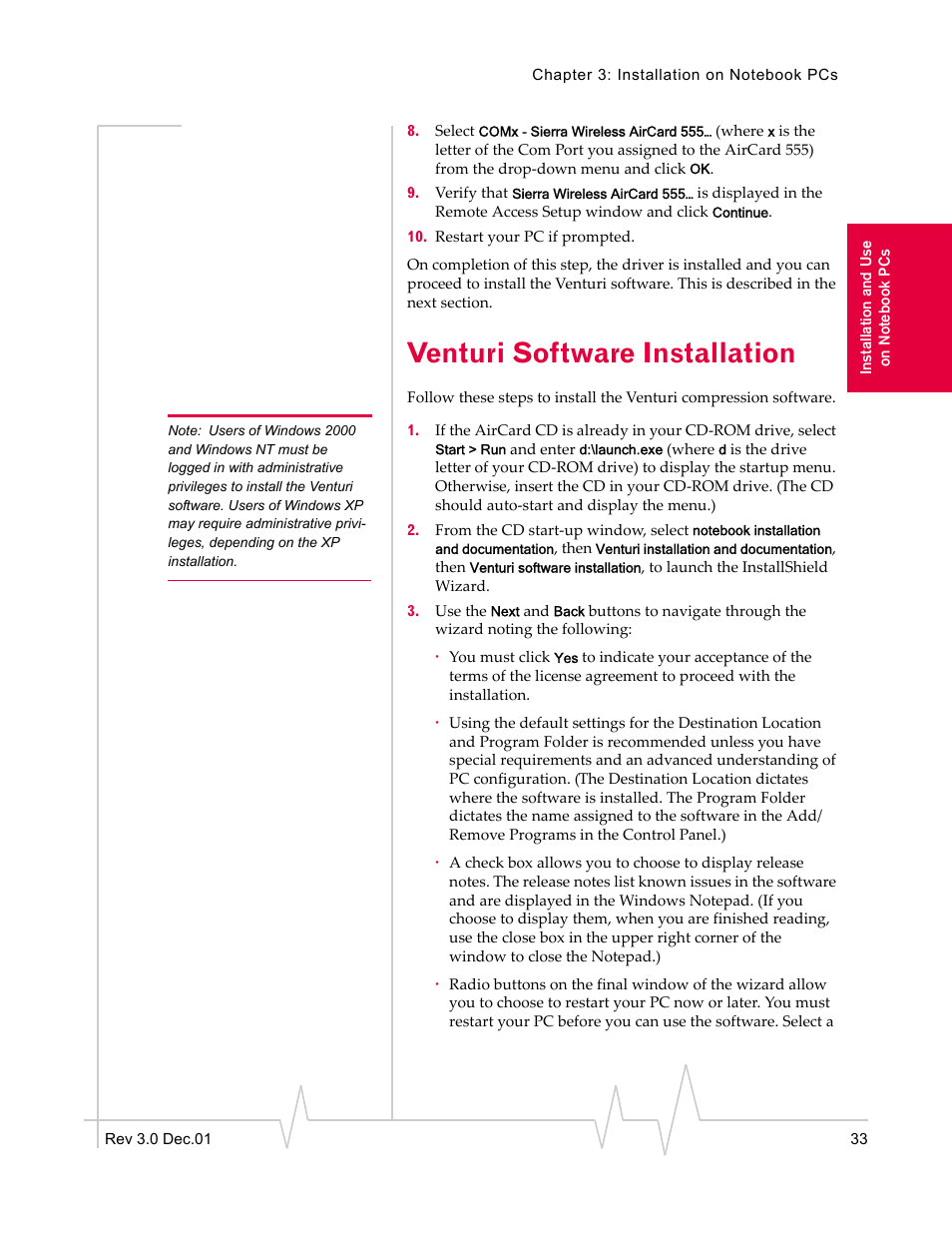 Venturi software installation | Sierra Wireless AirCard 555 User Manual | Page 33 / 192