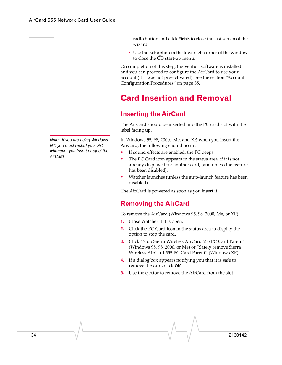 Card insertion and removal, Inserting the aircard, Removing the aircard | Sierra Wireless AirCard 555 User Manual | Page 34 / 192