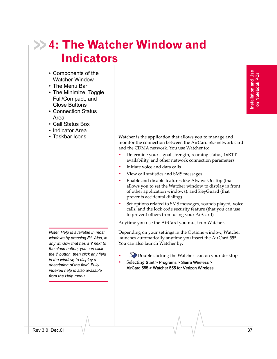 The watcher window and indicators | Sierra Wireless AirCard 555 User Manual | Page 37 / 192