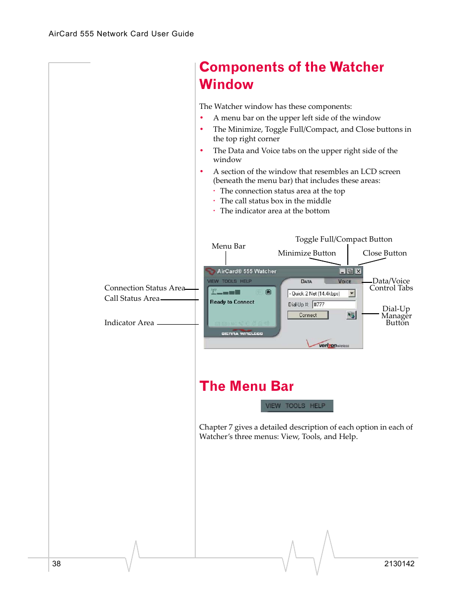 Components of the watcher window, The menu bar | Sierra Wireless AirCard 555 User Manual | Page 38 / 192