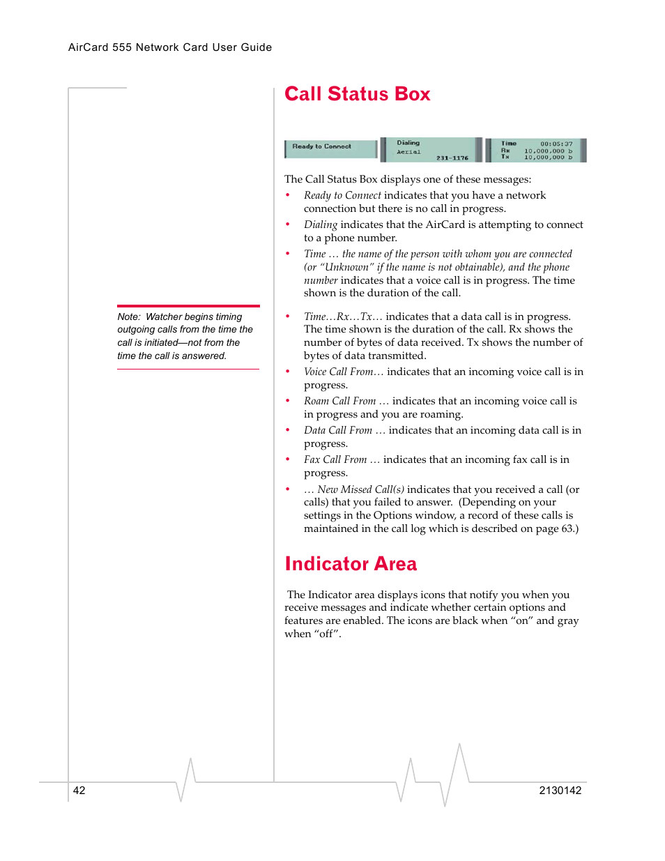 Call status box, Indicator area | Sierra Wireless AirCard 555 User Manual | Page 42 / 192