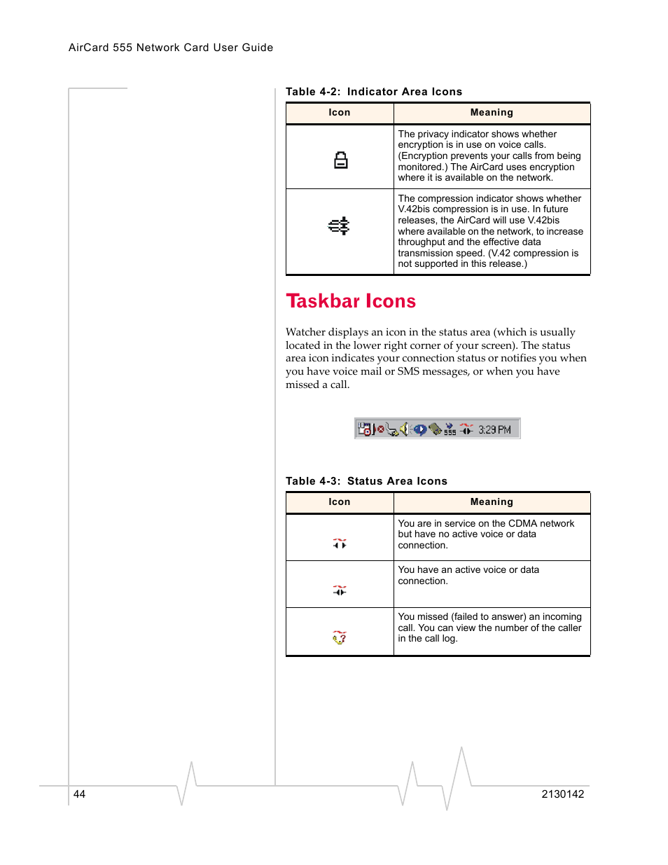 Taskbar icons | Sierra Wireless AirCard 555 User Manual | Page 44 / 192