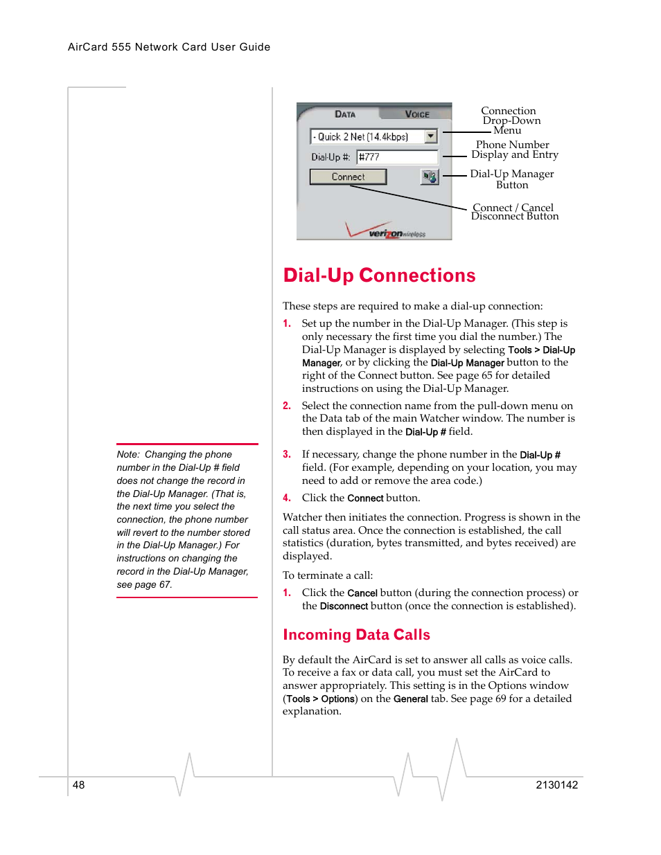 Dial-up connections, Incoming data calls | Sierra Wireless AirCard 555 User Manual | Page 48 / 192