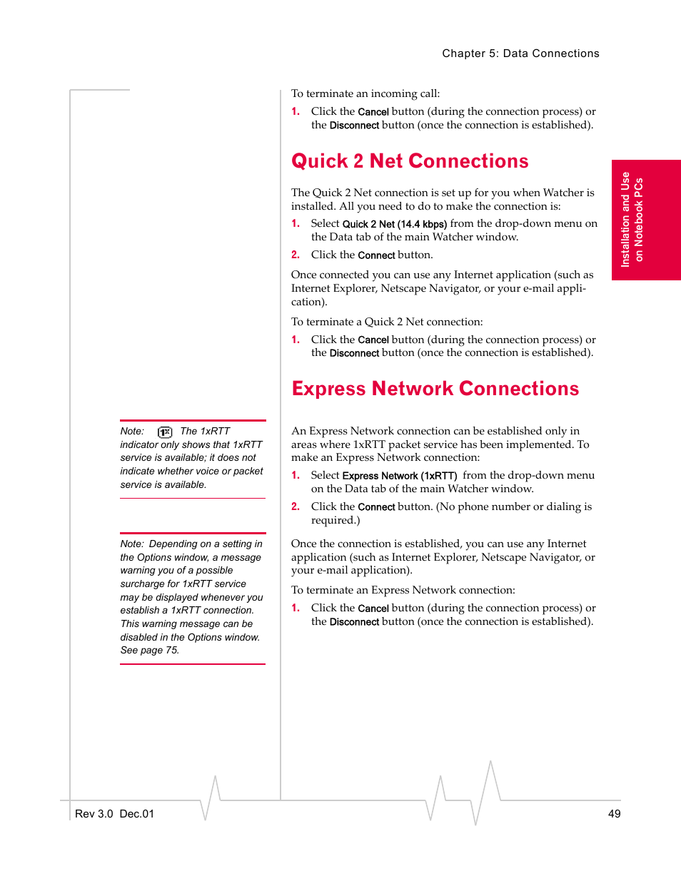 Quick 2 net connections, Express network connections | Sierra Wireless AirCard 555 User Manual | Page 49 / 192
