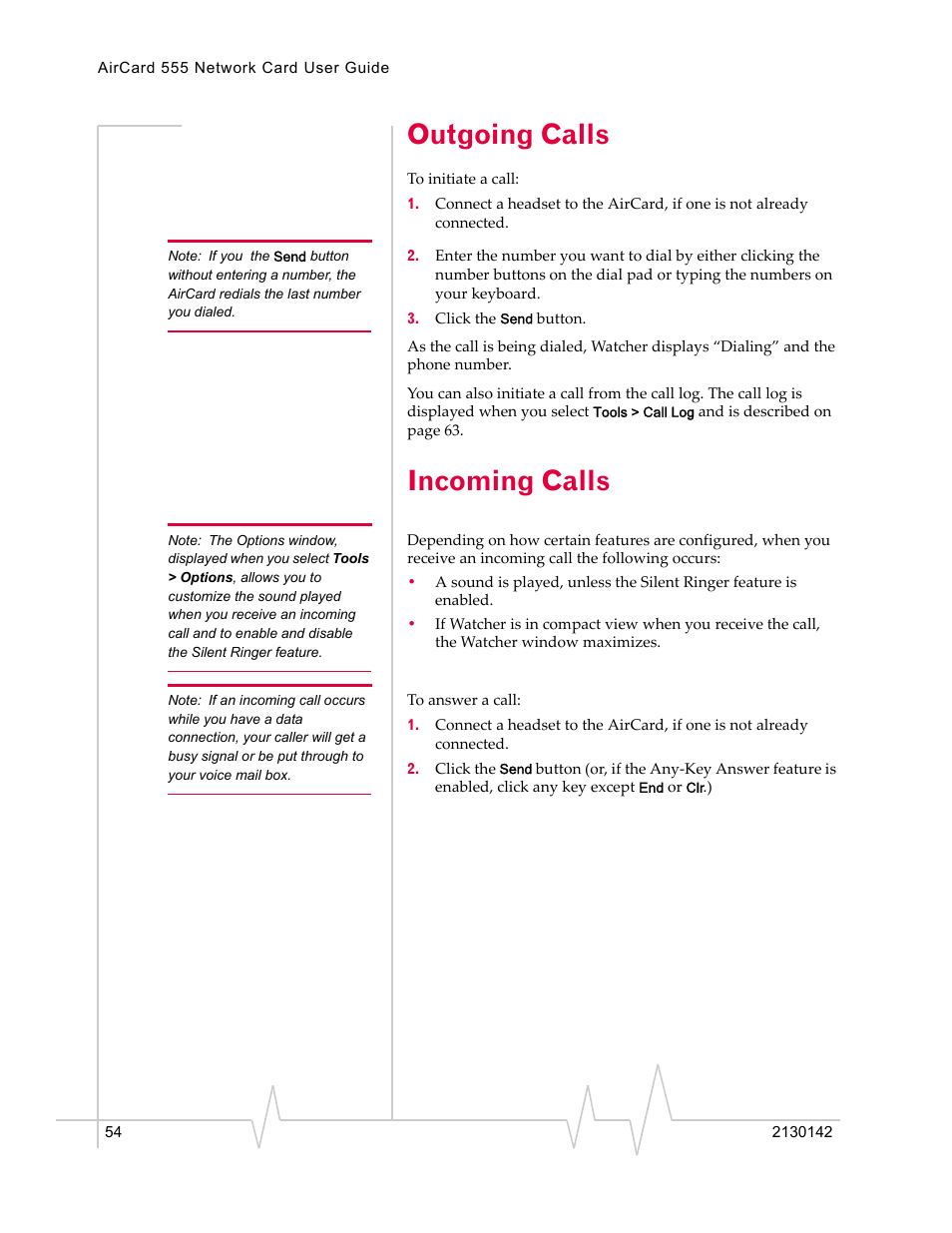Outgoing calls, Incoming calls | Sierra Wireless AirCard 555 User Manual | Page 54 / 192