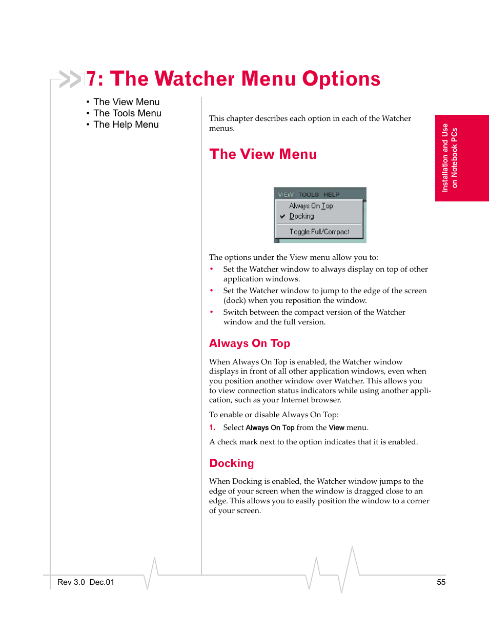 The watcher menu options, The view menu, Always on top | Docking | Sierra Wireless AirCard 555 User Manual | Page 55 / 192