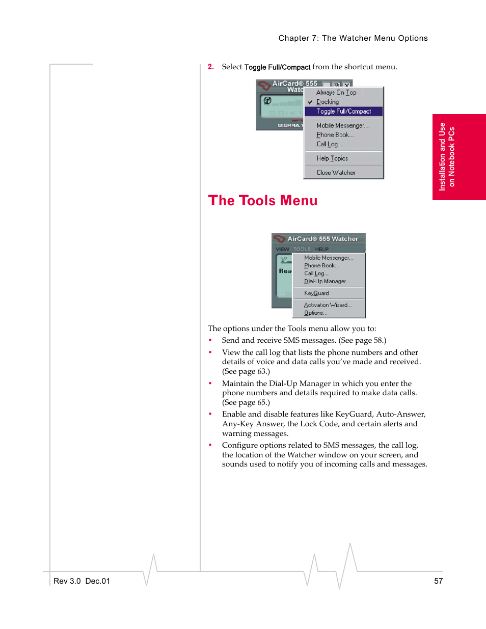 The tools menu | Sierra Wireless AirCard 555 User Manual | Page 57 / 192