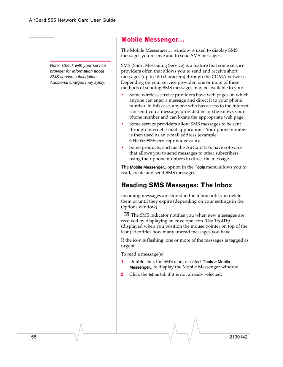 Mobile messenger, Reading sms messages: the inbox | Sierra Wireless AirCard 555 User Manual | Page 58 / 192