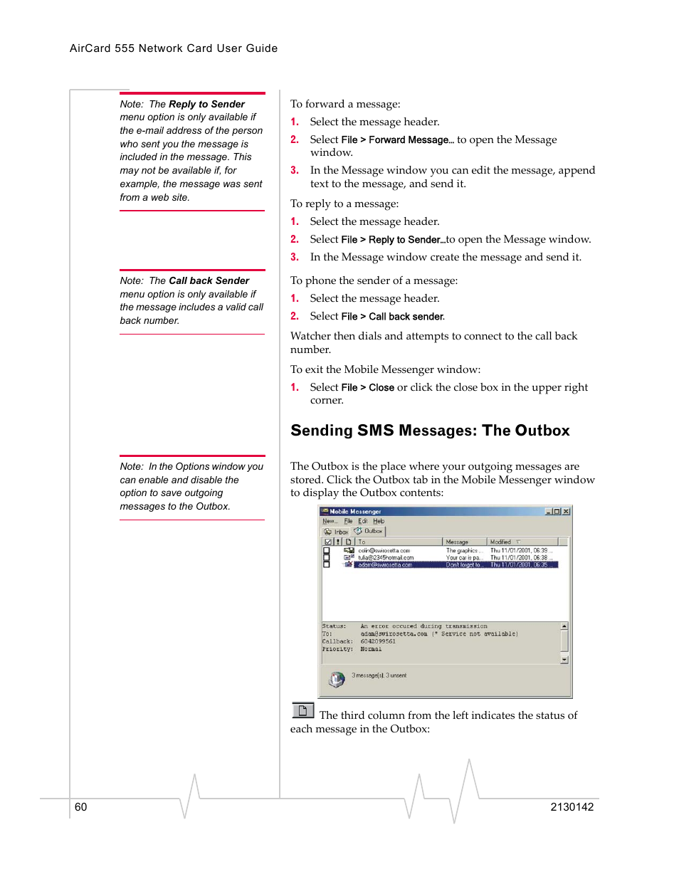 Sending sms messages: the outbox | Sierra Wireless AirCard 555 User Manual | Page 60 / 192