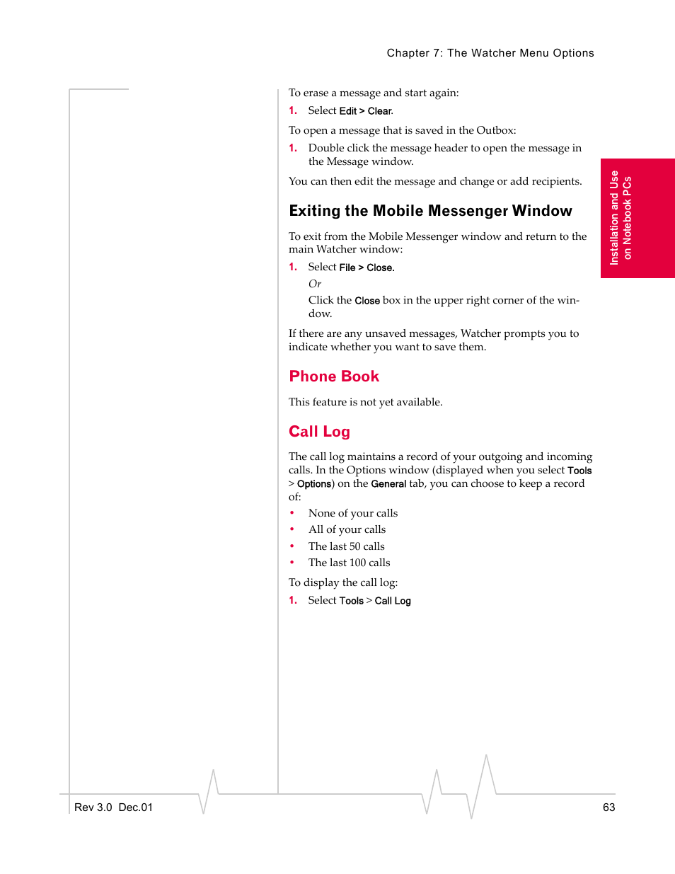 Exiting the mobile messenger window, Phone book, Call log | Sierra Wireless AirCard 555 User Manual | Page 63 / 192