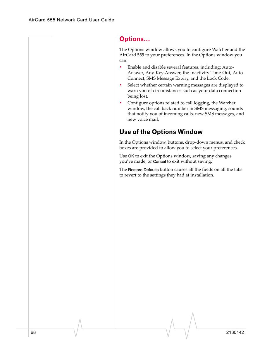 Options, Use of the options window | Sierra Wireless AirCard 555 User Manual | Page 68 / 192