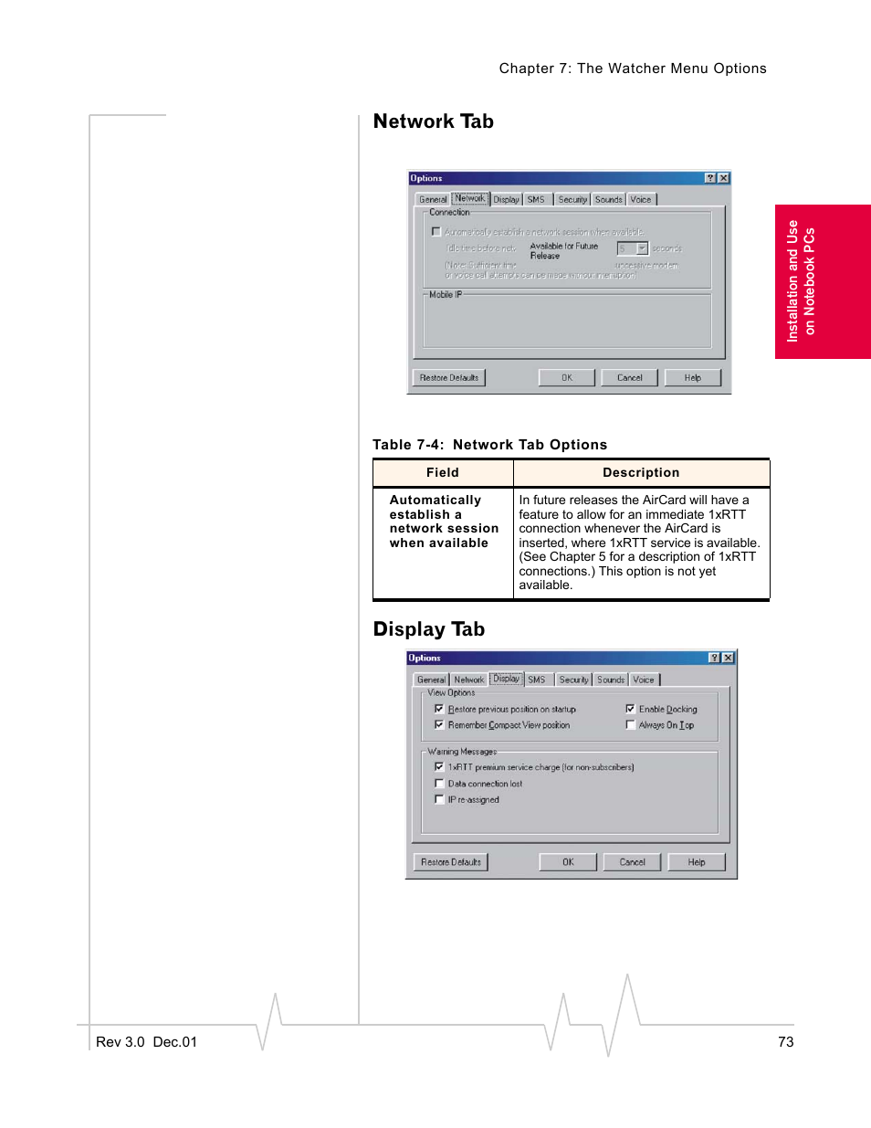 Network tab, Display tab | Sierra Wireless AirCard 555 User Manual | Page 73 / 192