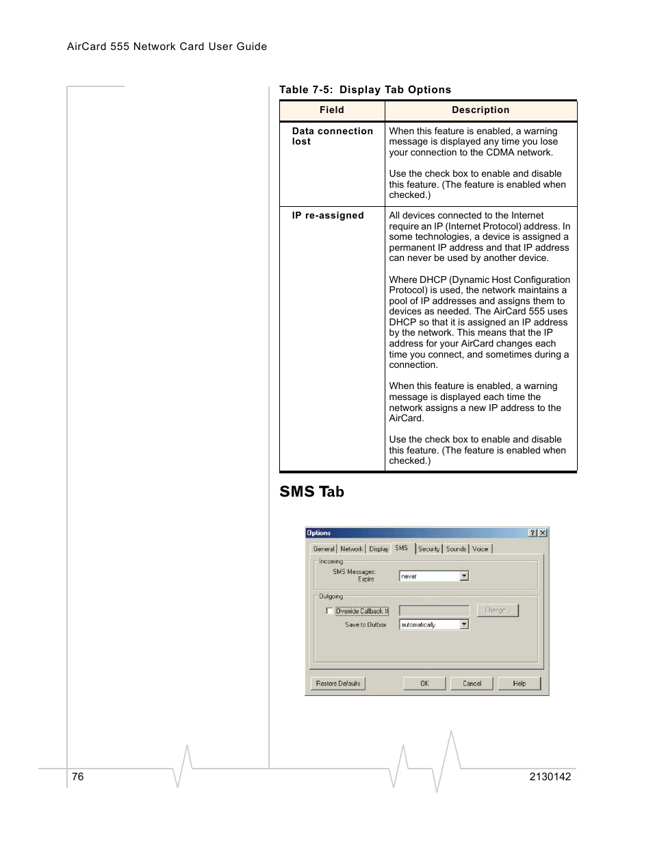 Sms tab | Sierra Wireless AirCard 555 User Manual | Page 76 / 192