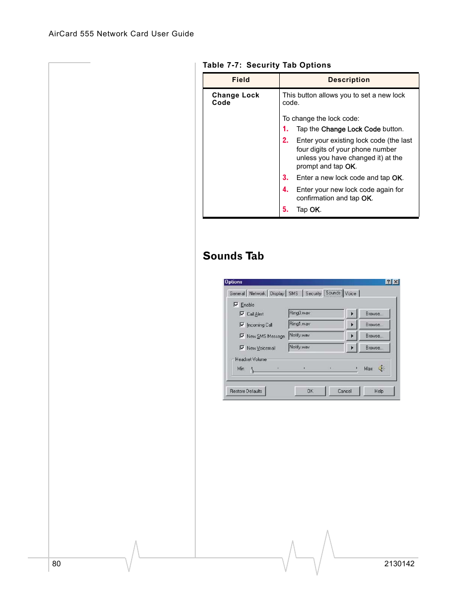 Sounds tab | Sierra Wireless AirCard 555 User Manual | Page 80 / 192