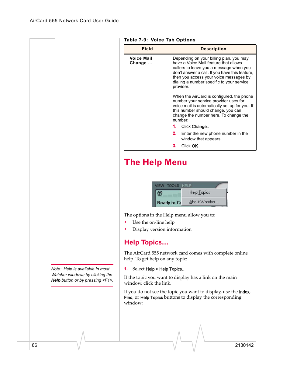 The help menu, Help topics | Sierra Wireless AirCard 555 User Manual | Page 86 / 192