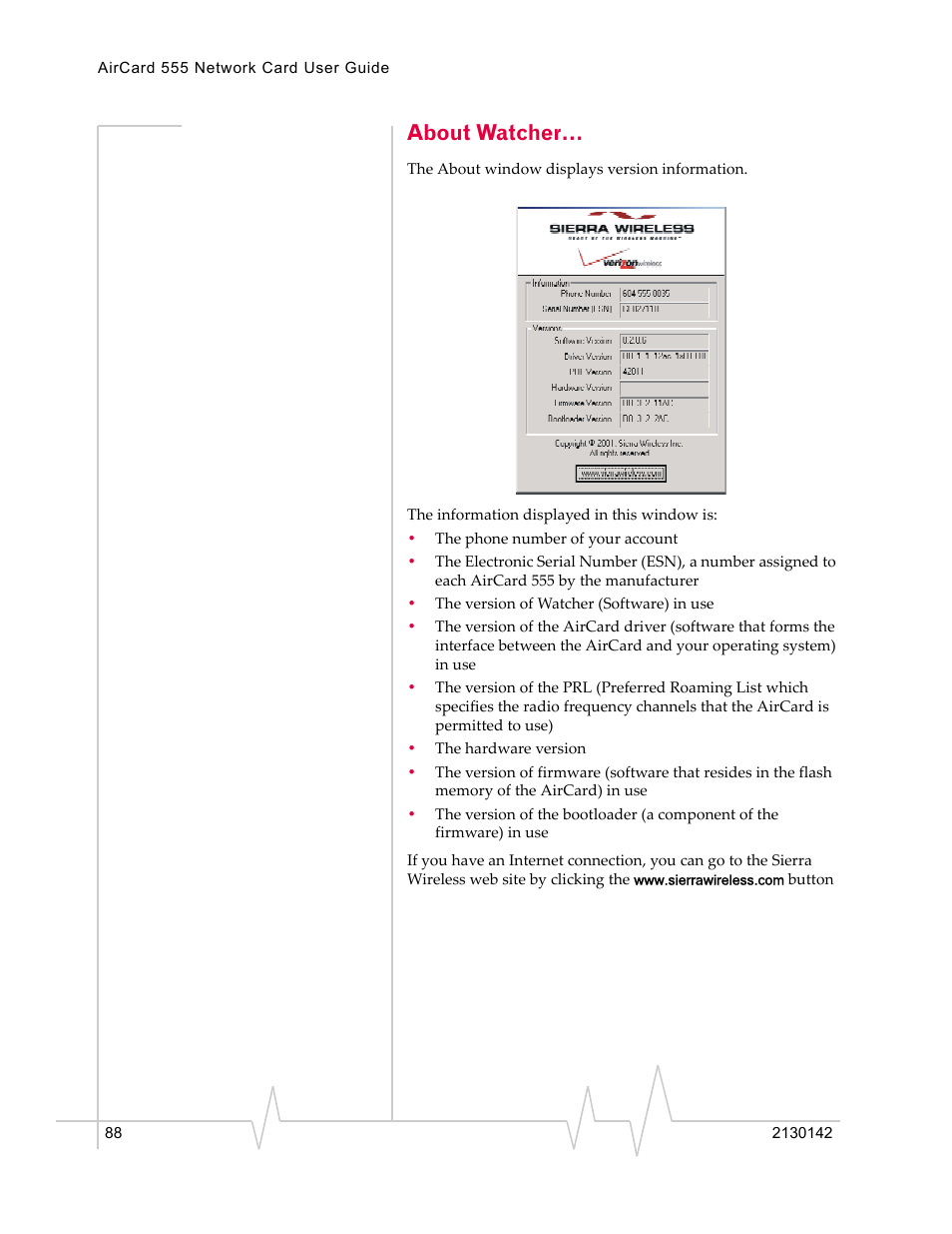 About watcher | Sierra Wireless AirCard 555 User Manual | Page 88 / 192