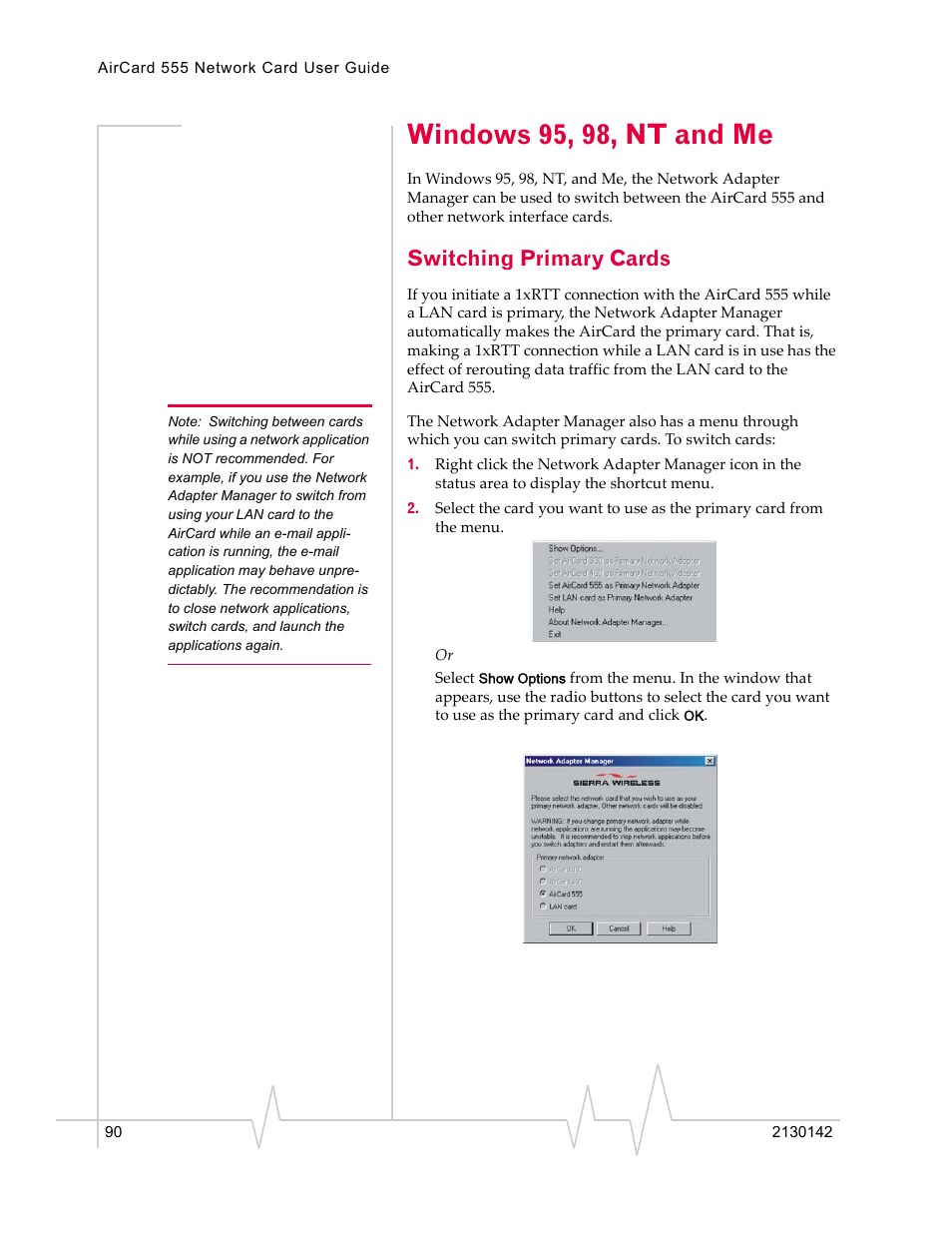 Windows 95, 98, nt and me, Switching primary cards | Sierra Wireless AirCard 555 User Manual | Page 90 / 192