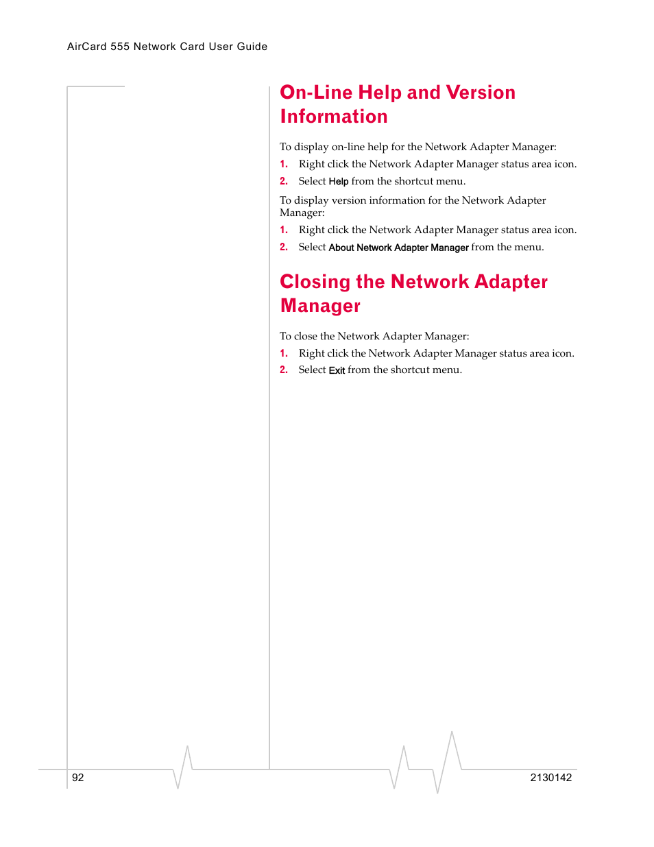 On-line help and version information, Closing the network adapter manager | Sierra Wireless AirCard 555 User Manual | Page 92 / 192