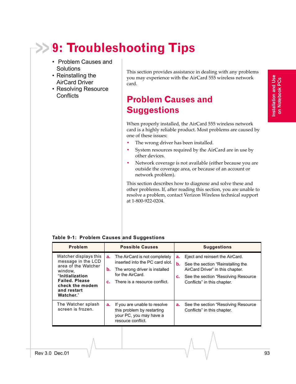 Troubleshooting tips, Problem causes and suggestions | Sierra Wireless AirCard 555 User Manual | Page 93 / 192