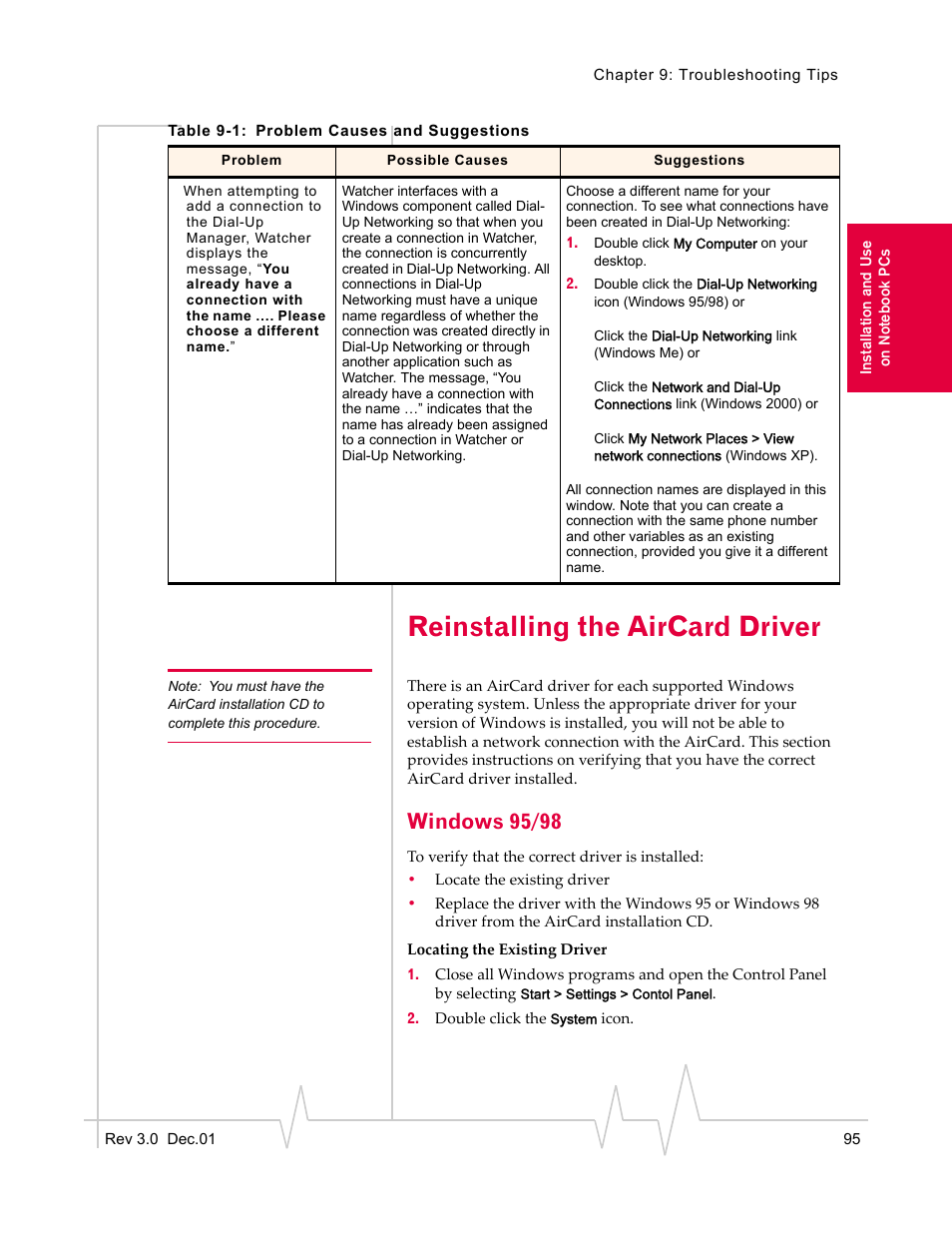 Reinstalling the aircard driver, Windows 95/98 | Sierra Wireless AirCard 555 User Manual | Page 95 / 192