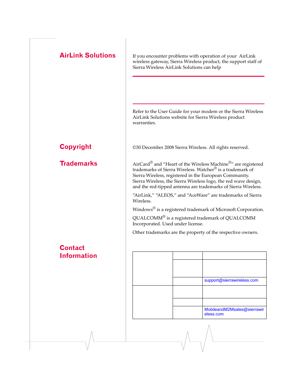 Airlink solutions, Copyright, Trademarks | Contact information | Sierra Wireless 2170042 User Manual | Page 14 / 16