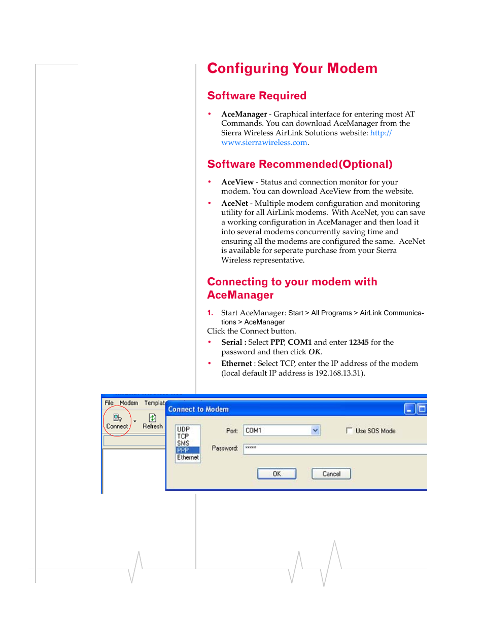 Configuring your modem, Software required, Software recommended(optional) | Connecting to your modem with acemanager | Sierra Wireless 2170042 User Manual | Page 5 / 16