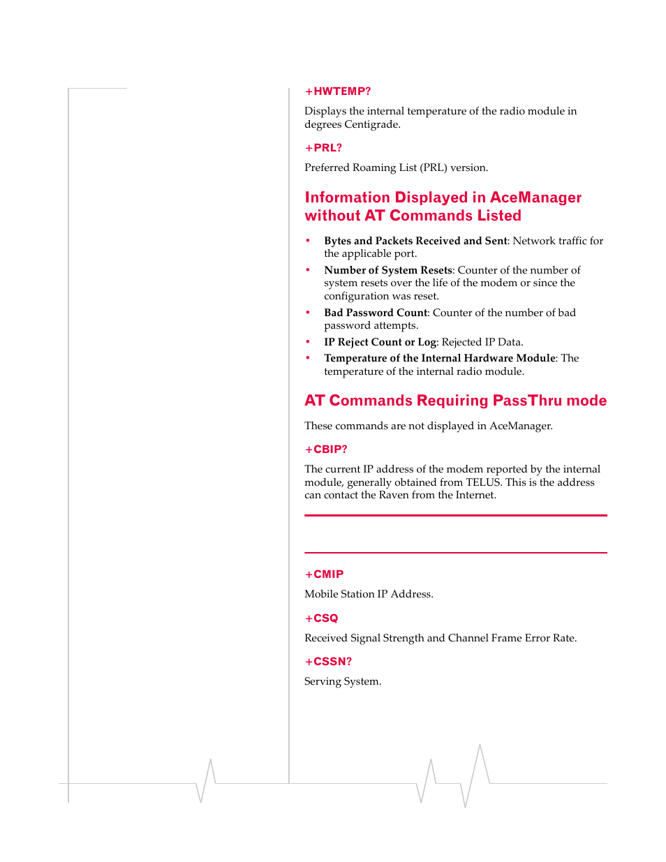 At commands requiring passthru mode, Hwtemp? +prl, Cbip? +cmip +csq +cssn | Sierra Wireless RAVEN 20070914 User Manual | Page 100 / 171