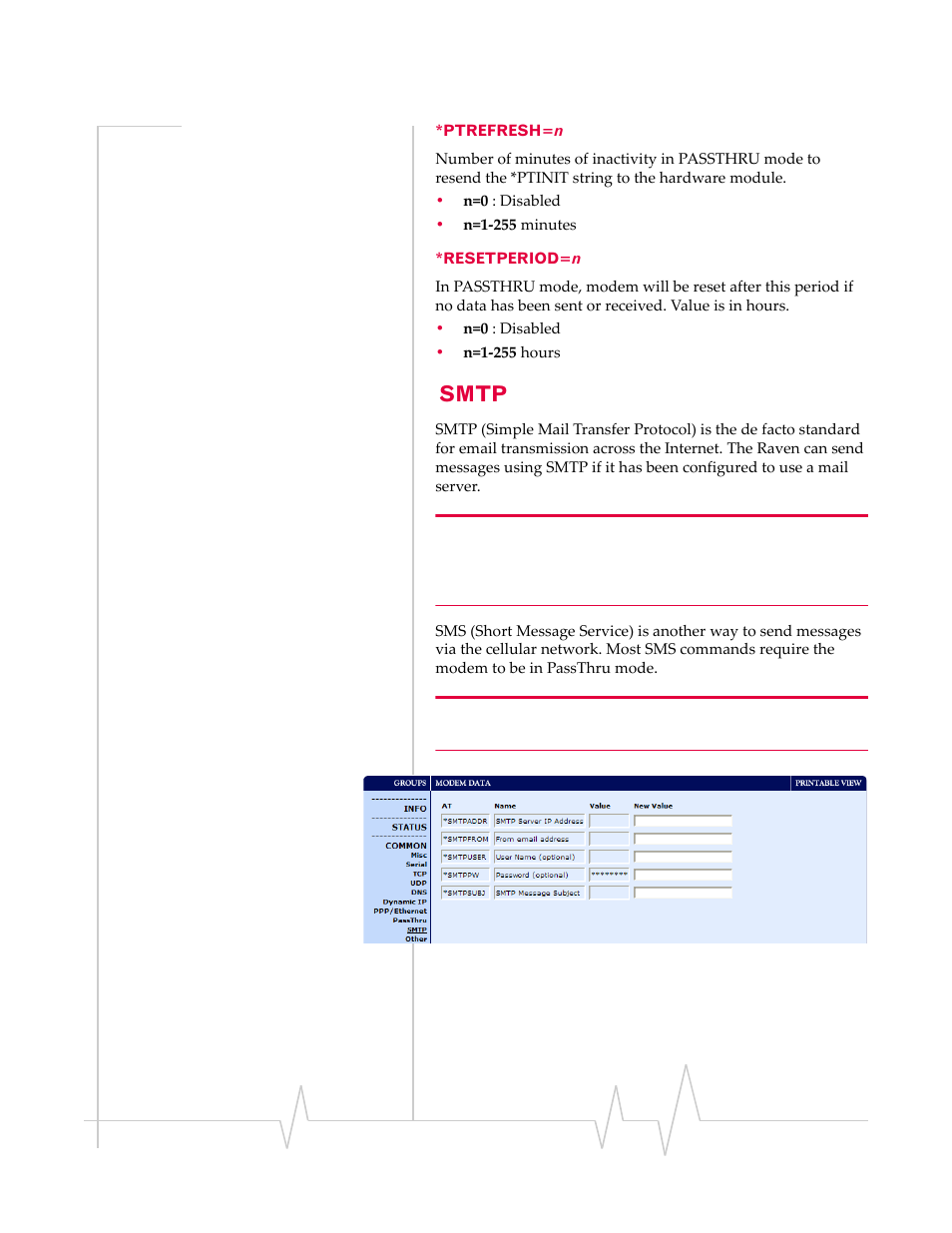 Smtp, Ptrefresh=n *resetperiod=n | Sierra Wireless RAVEN 20070914 User Manual | Page 122 / 171