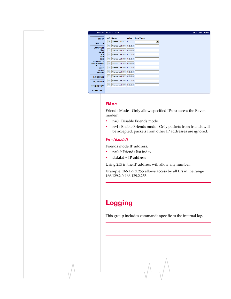 Logging, Fm=n fn=[d.d.d.d | Sierra Wireless RAVEN 20070914 User Manual | Page 130 / 171
