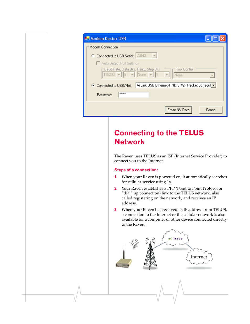 Connecting to the telus network, Steps of a connection, Connecting to the | Telus network | Sierra Wireless RAVEN 20070914 User Manual | Page 19 / 171